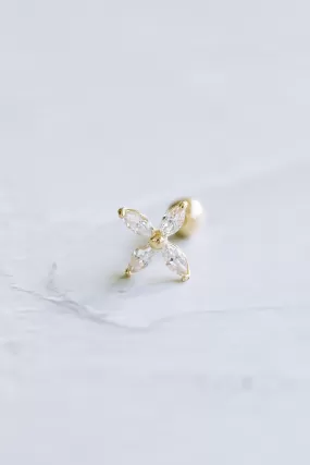 14K GOLD JEWELRY MINIMALIST CZ CUTE FOUR LEAVES FLOWER BARBELL EAR STUD EARRING PIERCING