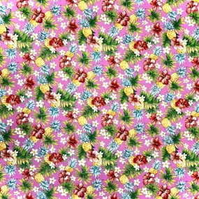 Cute Pineapple, Plumeria, and Hibiscus Print Fabric | Pink 0223 RED-0001C