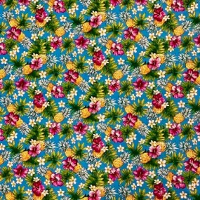 Hibiscus, Pineapple & Plumeria Hawaiian Fabric | Blue 0223