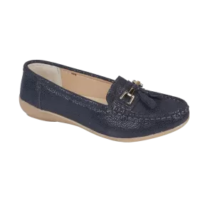 Ladies Leather Slip on Navy Shoes Tahiti Flat Jo & Joe