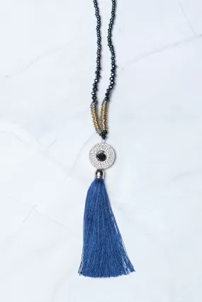 Navy Circle Pendant Tassel Necklace