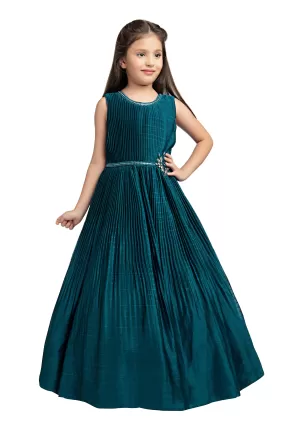 Peacock Blue Coloured Pleated Fabric Gown For Girls