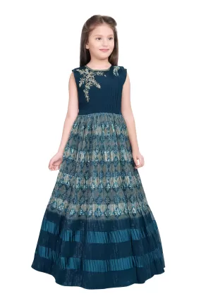 Peacock Blue Coloured Pleated Fabric Saree Style Gown For Girls