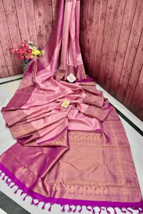 Pink Color Pure Korvai Kaneejvaram Silk Saree with Pure Gold Zari Work and All Over Self Weaving