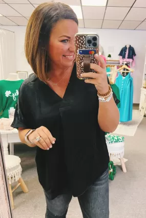 Primrose Pleat Front V-Neck Top in Black