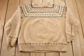 Vintage 1970s Beige Cottage Craft Knit  Sweater / 100% Wool / Patterned Sweater / Button Up / Hand Knit / Made In Canada